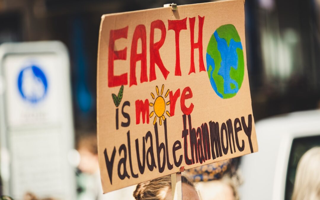 A cardboard sign being held up in the air that says, “Earth is more valuable than money.”