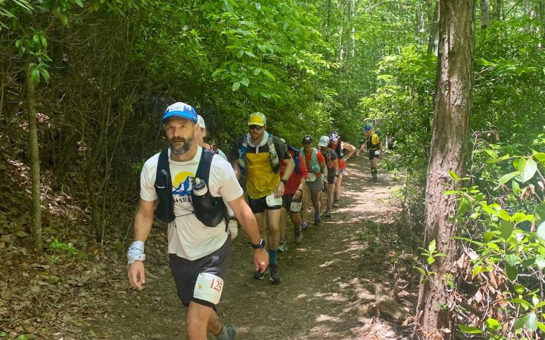 A line of runners walking on a trail in the woods.