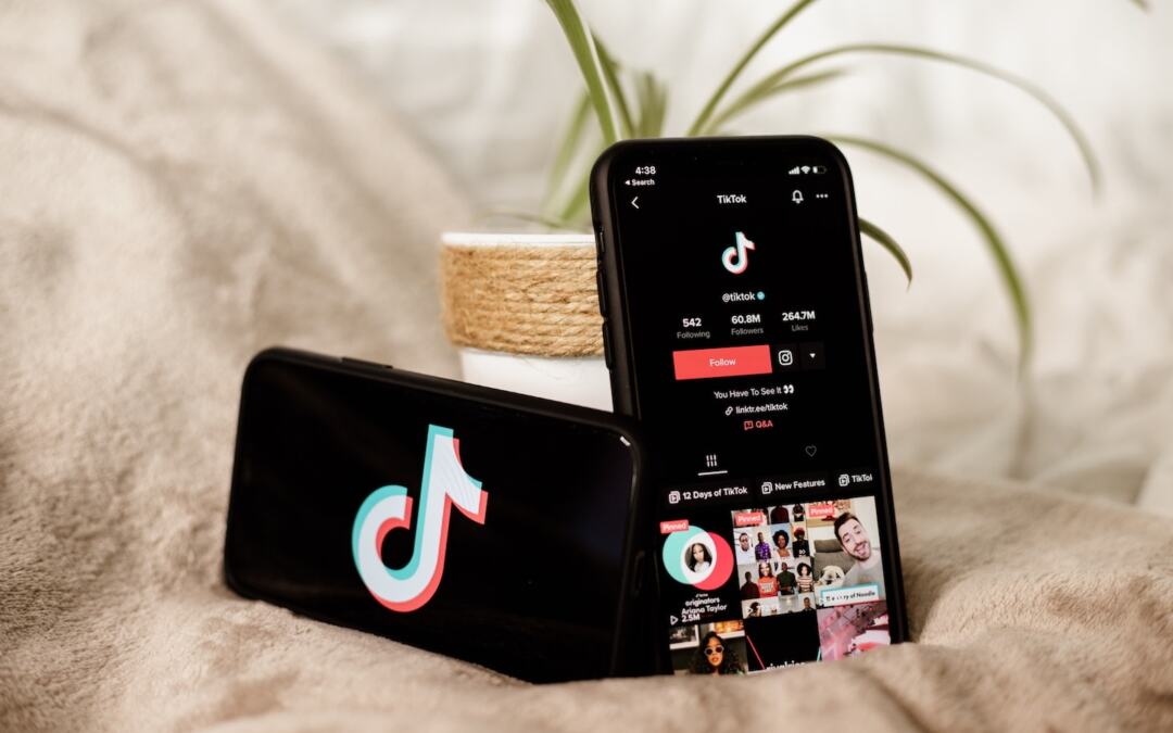 Two smartphones sitting on a tan blanket with the TikTok app open and a small plant in the background.