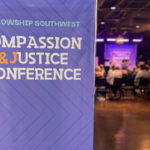 A conference sign at Life in Deep Ellum in Dallas, Texas, that reads, “Fellowship Southwest Compassion & Justice Conference.”