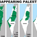 A map of an unknown source of “disappearing Palestine.” It is first referenced in a 2003 book which attributes it to the “Palestine Solidarity Campaign.”
