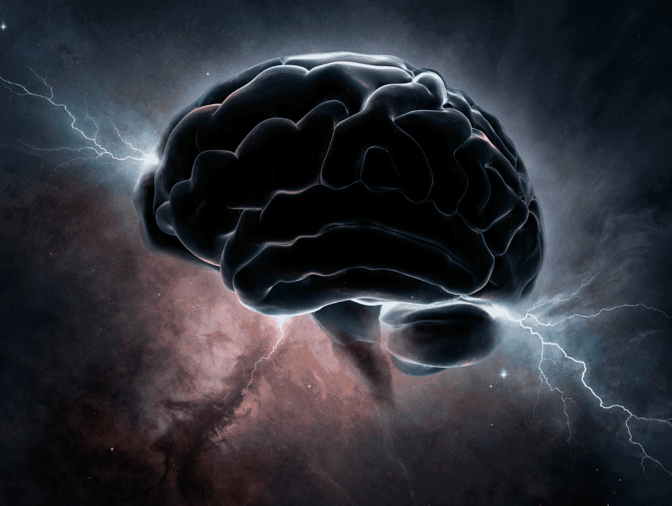 A rendering of a brain floating in the universe.