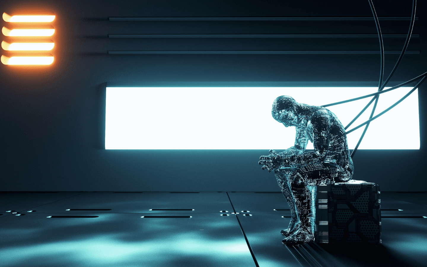 A rendering of an AI in the “Thinking Man” pose.