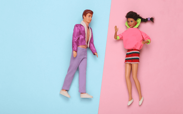 Barbie and Ken dolls placed on pink and blue backgrounds.
