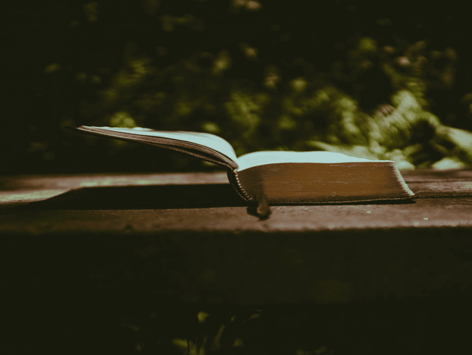 An open Bible on a table in a garden.