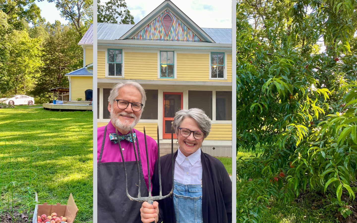 Tony and Susan Cartledge standing in front of their farm. Susan is holding a pitchfork.||||