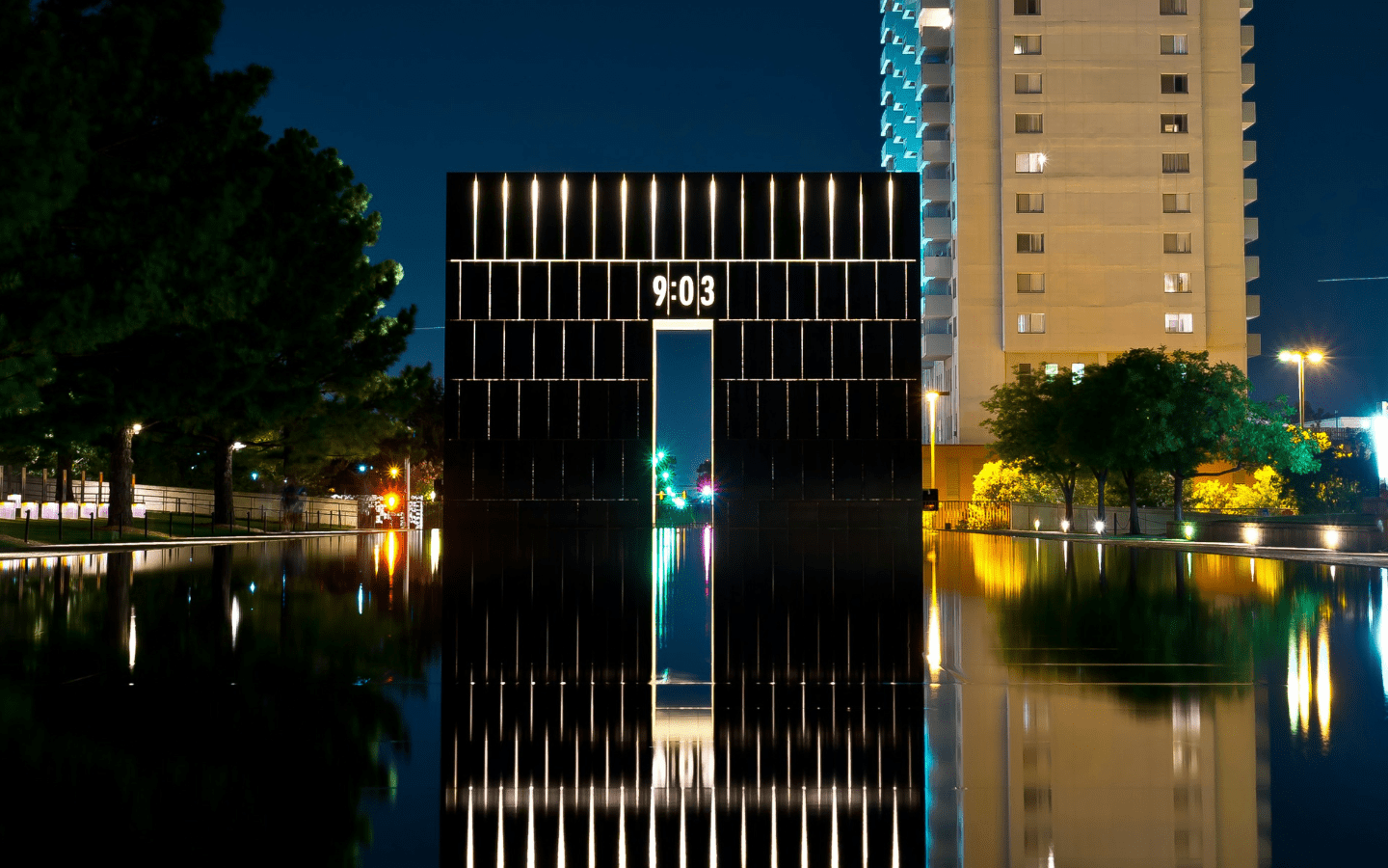 A photo of the 9:03 column at the Oklahoma City Memorial.