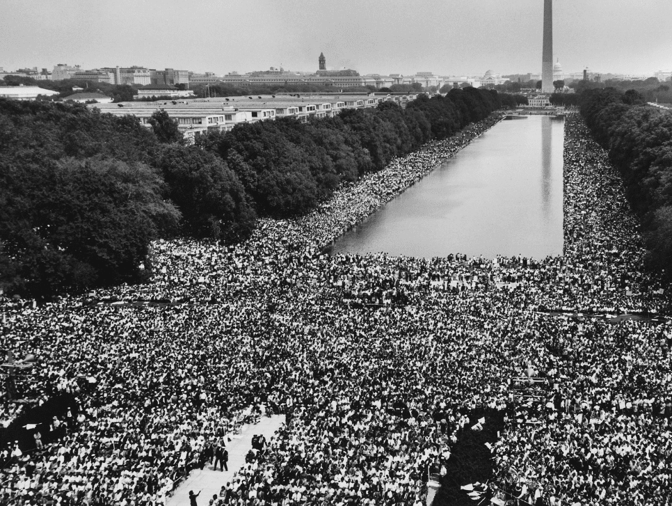 A black and white photo of the 1963 March on Washington.