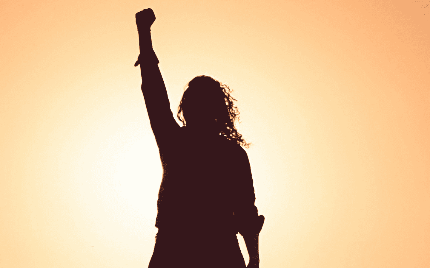 A silhouette of a woman with a raised fist in the desert sun.
