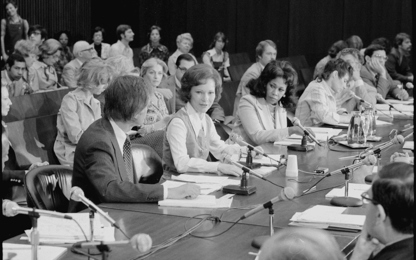 Rosalynn Carter chairs a meeting for the President’s Commission on Mental Health.