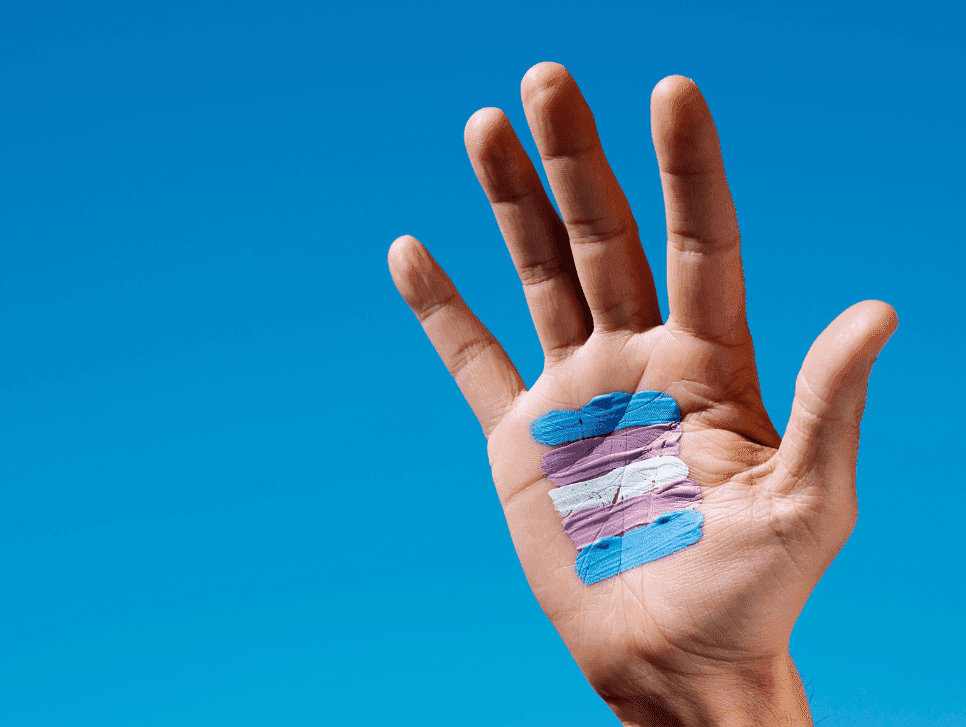 A hand painted with the colors fo the trans flag.