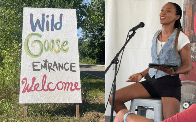 A side by side image of the Wild Goose Festival sign and Starlette Thomas presenting to a group.