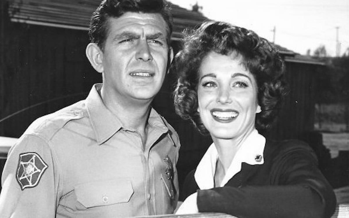 A black-and-white Andy Griffith and Julie Adams as the county nurse from the television program “The Andy Griffith Show.”