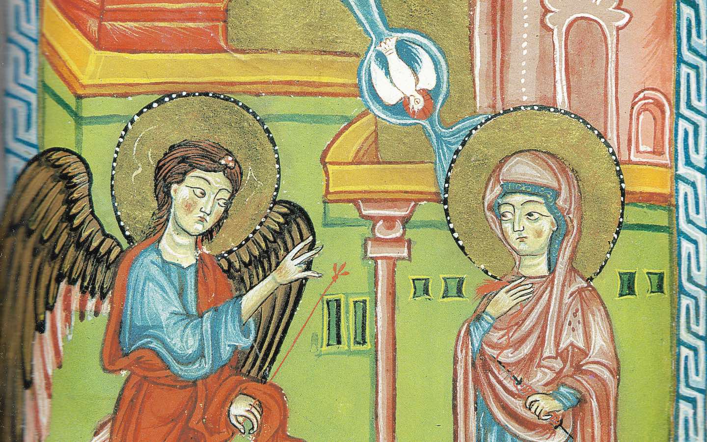 A painting / illustration of the annunciation when an angel tells Mary she is pregnant.