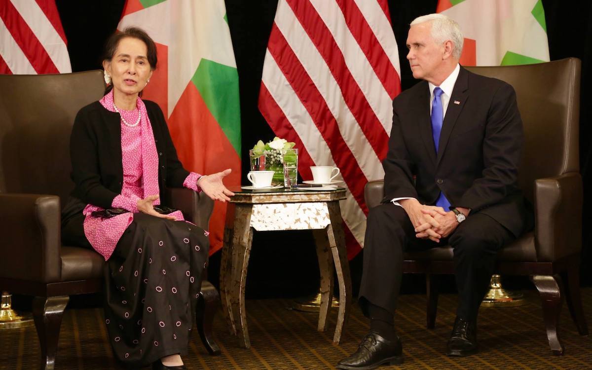 Aung San Suu Kyi meets with then Vice President Mike Pence in 2018.