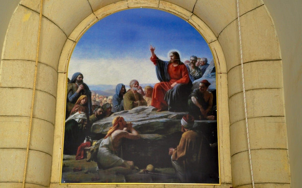 A photo of a fresco depicting Jesus and his followers at The Church of the Beatitudes.