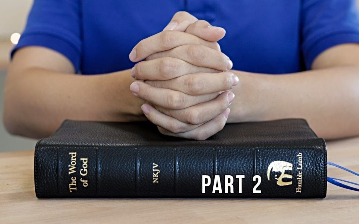 Young white man’s hands crossed on Bible in prayer