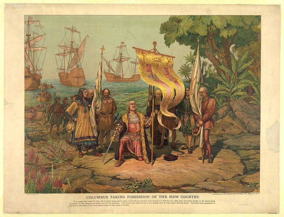 A lithograph of Christopher Columbus kneeling