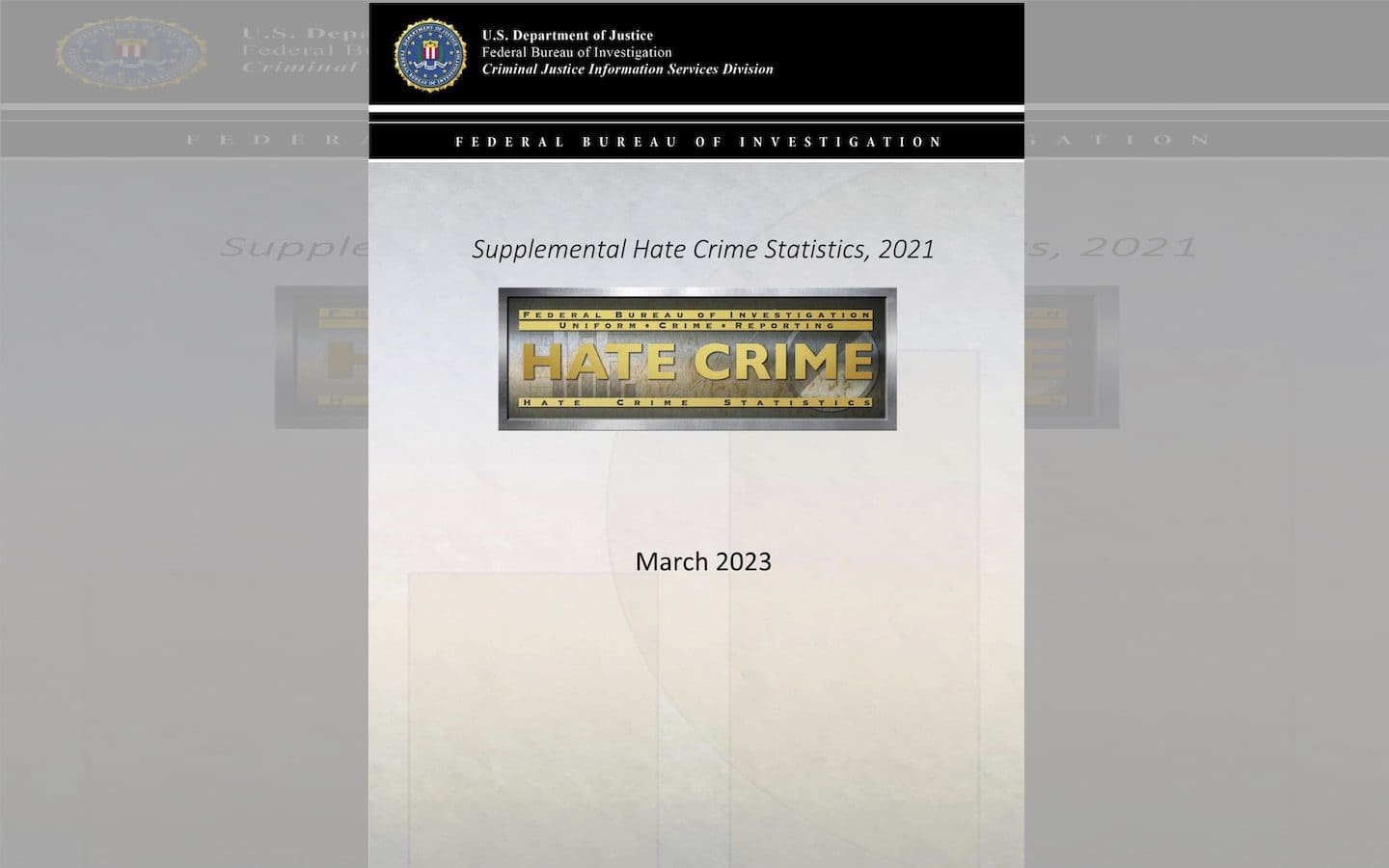 The cover of an FBI report on 2021 hate crimes committed in the U.S.