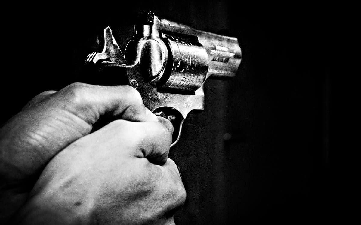 Hand holding gun pointing upward