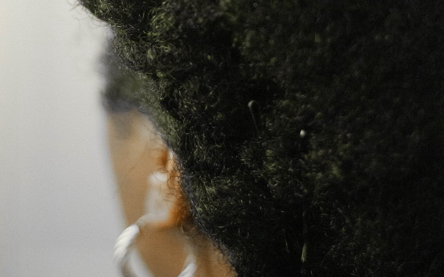 A person’s hair seen from behind up close.