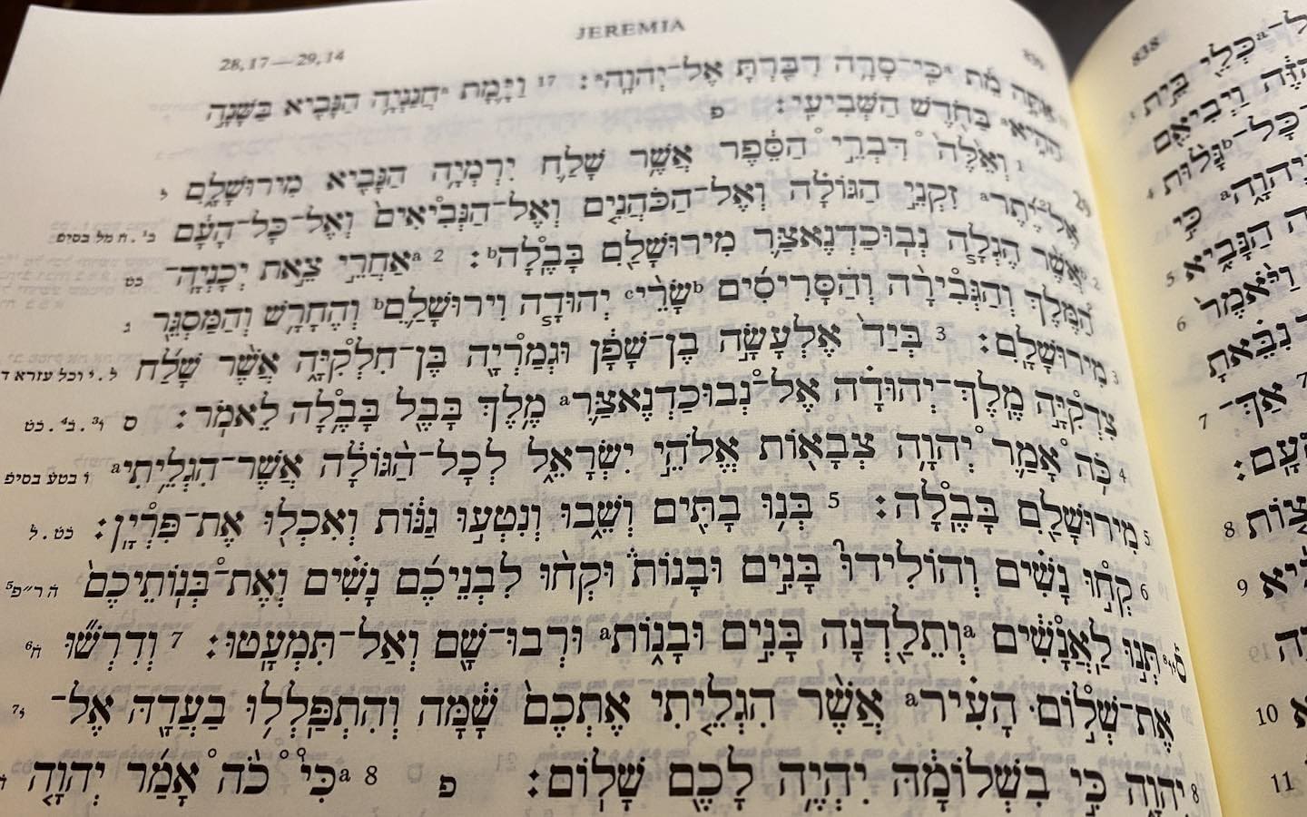 A photo of Jeremiah 29:1-8 as it appears in the Biblia Hebraica Stuttgartensia.