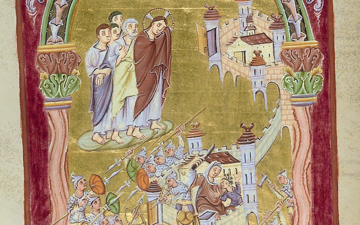 An illumination from the evangelistary of Otto III ca.1000 C.E. depicting Jesus weeping over Jerusalem.