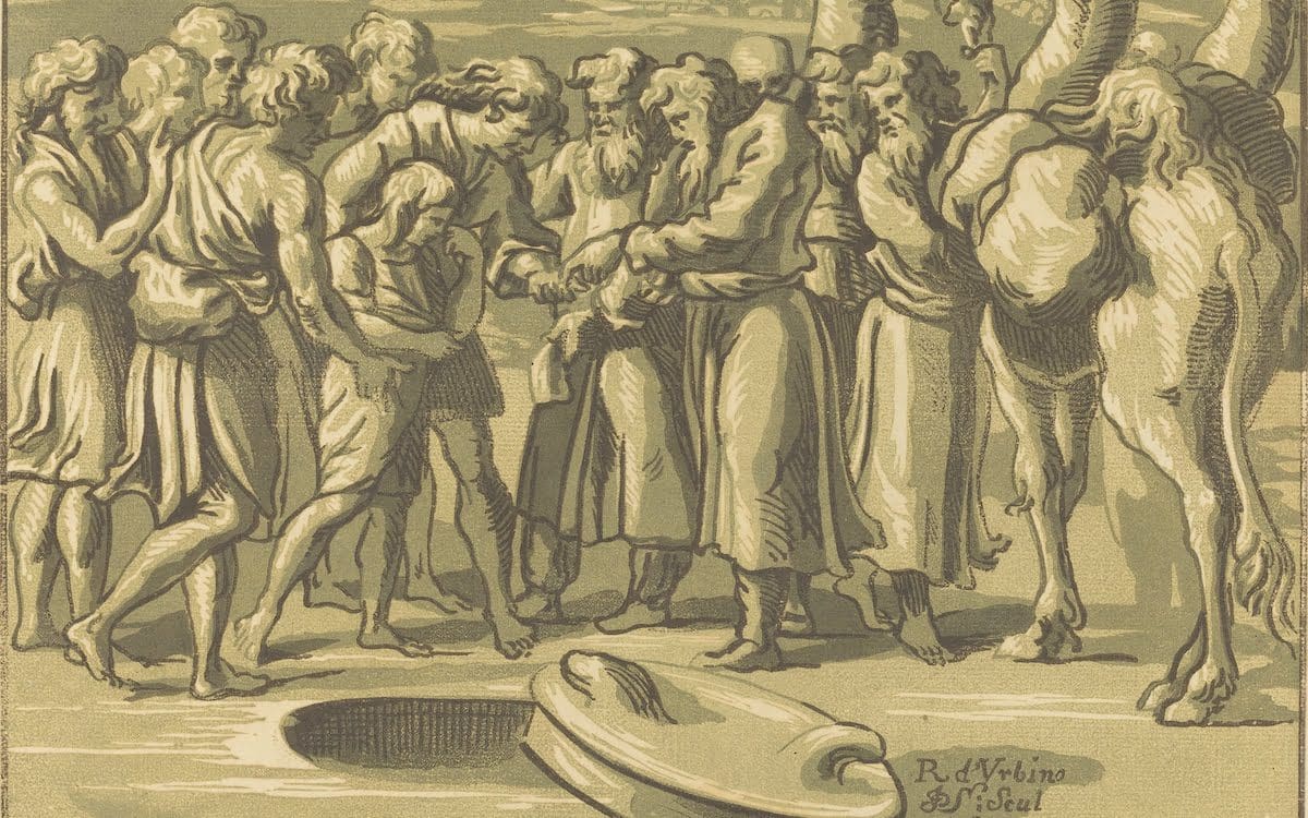A chiaroscuro woodcut depicting Joseph being sold into slavery by his brothers.