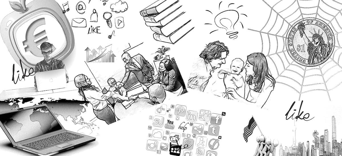 A black-and-white sketch of various activities that illustrate the concept of multitasking.