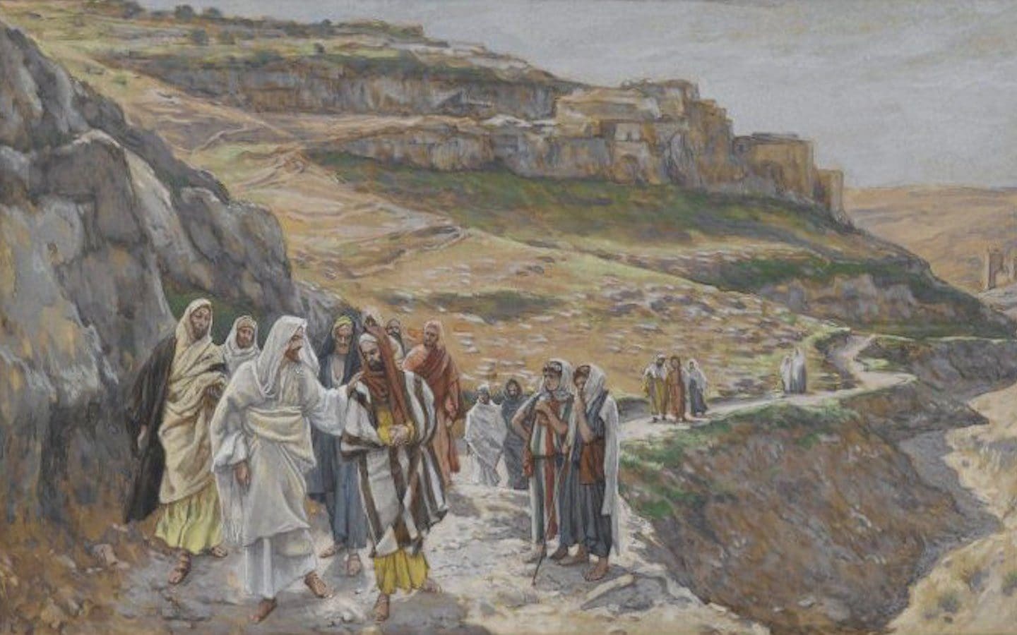 A painting of Jesus and his disciples walking down a road.