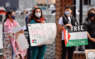 Protesters holding signs that say “Free Palestine” and “The most potent weapon of the oppressor is the mind of the oppressed.”