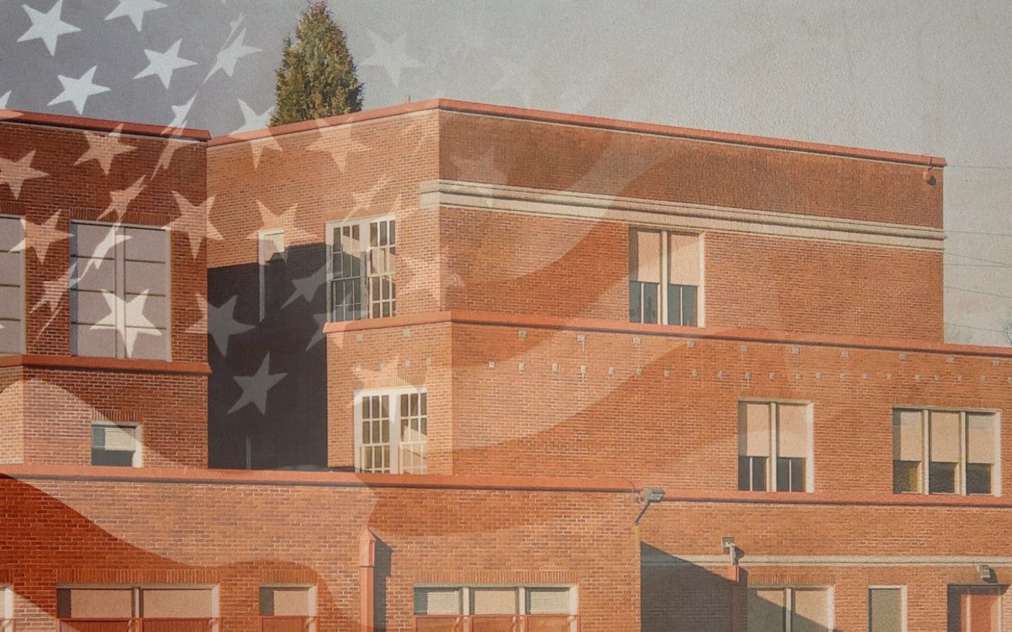 A red brick school building with an American flag overlay.