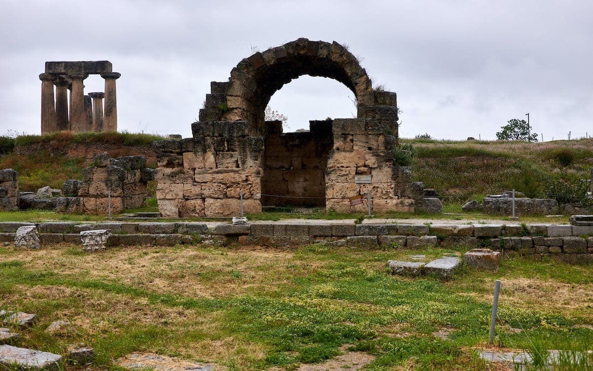 The ruins of the Northwest Shops in the Roman forum of ancient Corinth