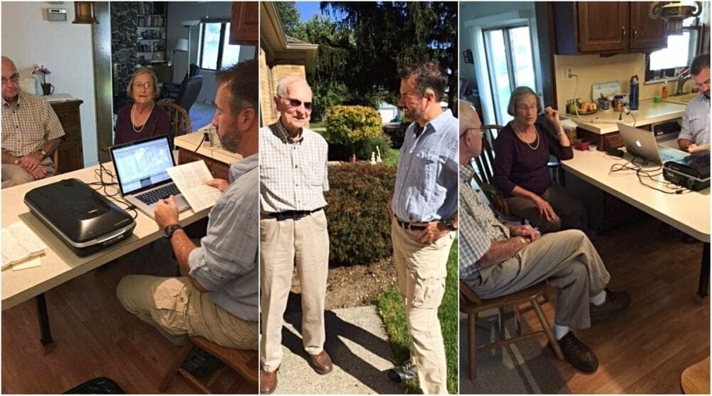 A collage of photos showing people visting