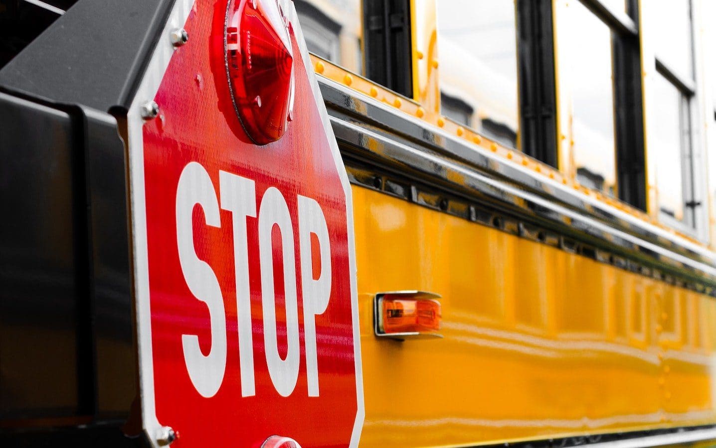 The side of a yellow school bus seen up close with the red stop sign in the foreground.
