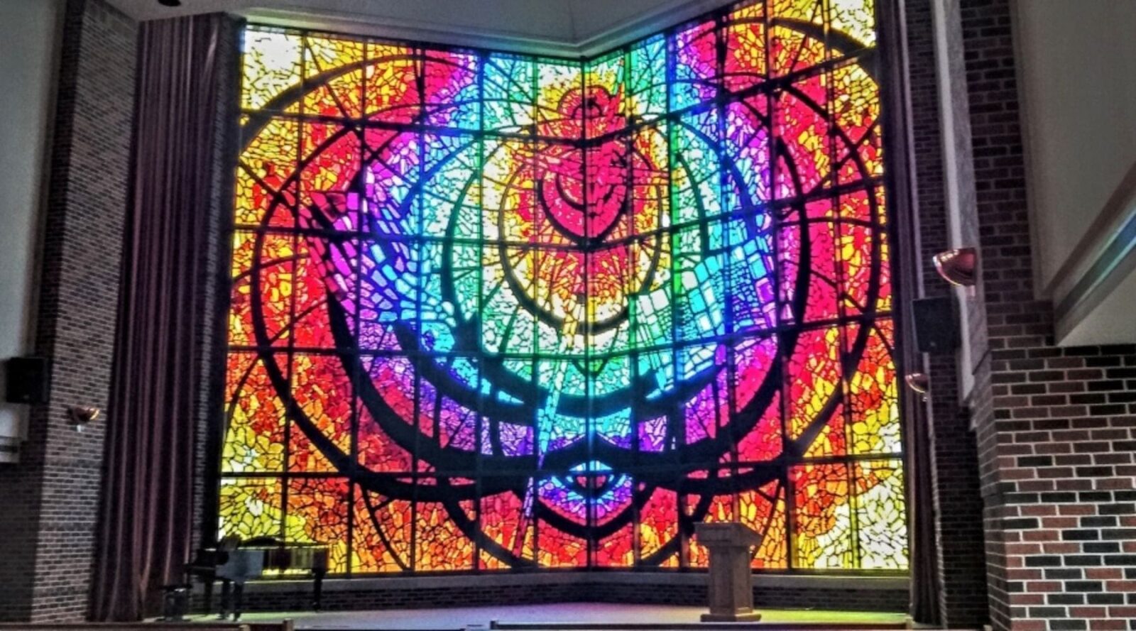 Stained-glass display in chapel at Hardin-Simmons University