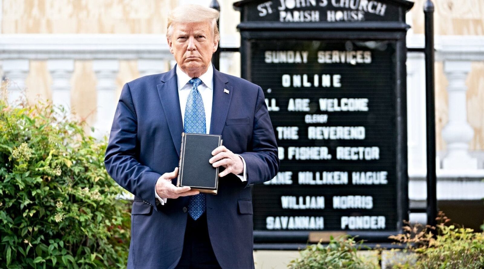President Trump with Bible in front of St. John’s Episcopal Church