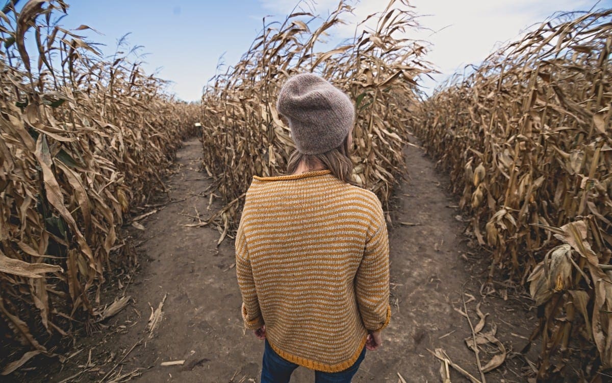 Woman deciding between two paths in corn maze