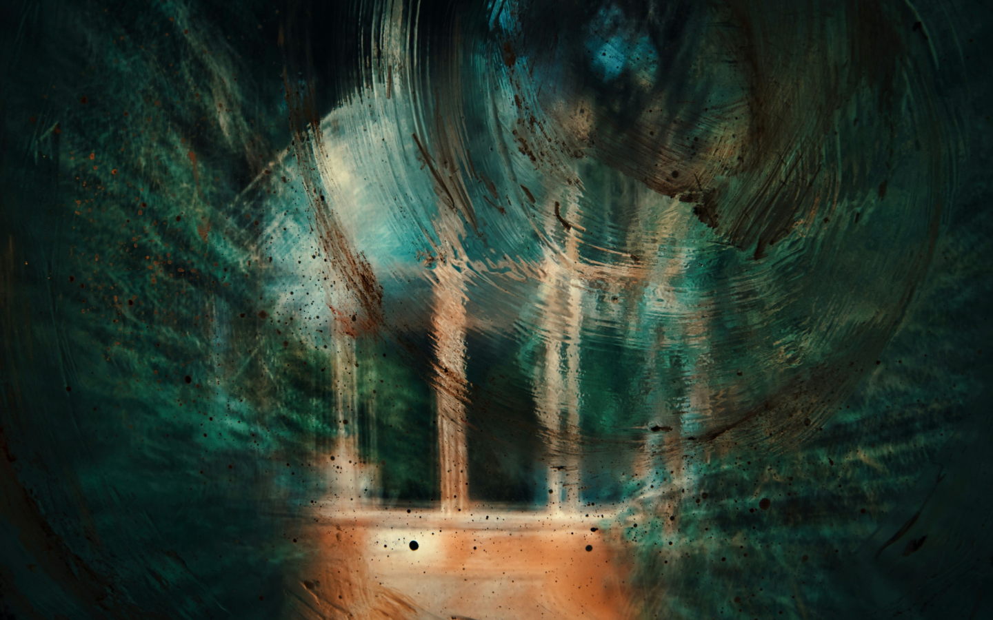 A painting of three crosses out of focus.