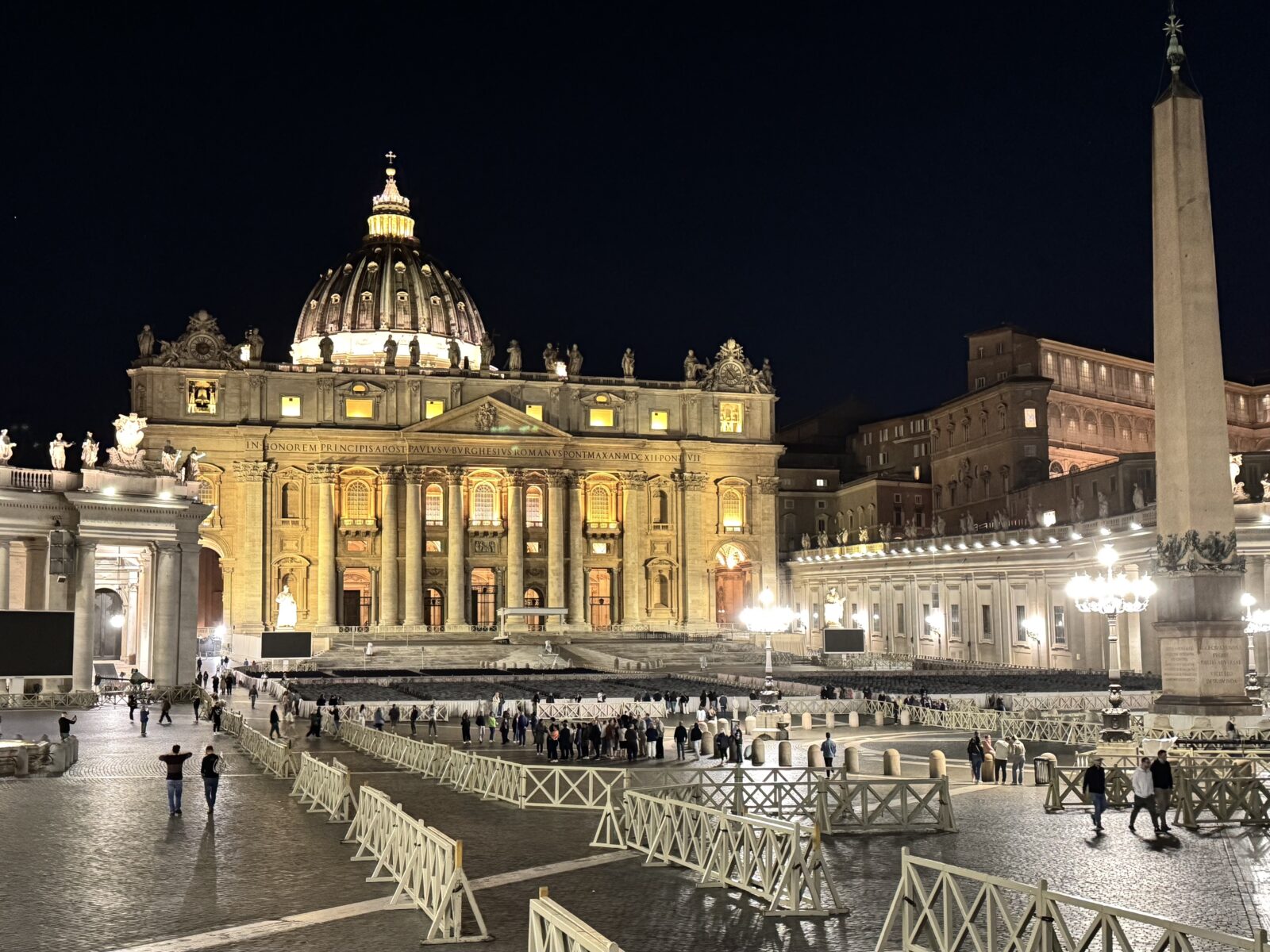 A recent photo of St. Peter’s Basilica at night near the beginning of Pope Leo XIV’s papacy.