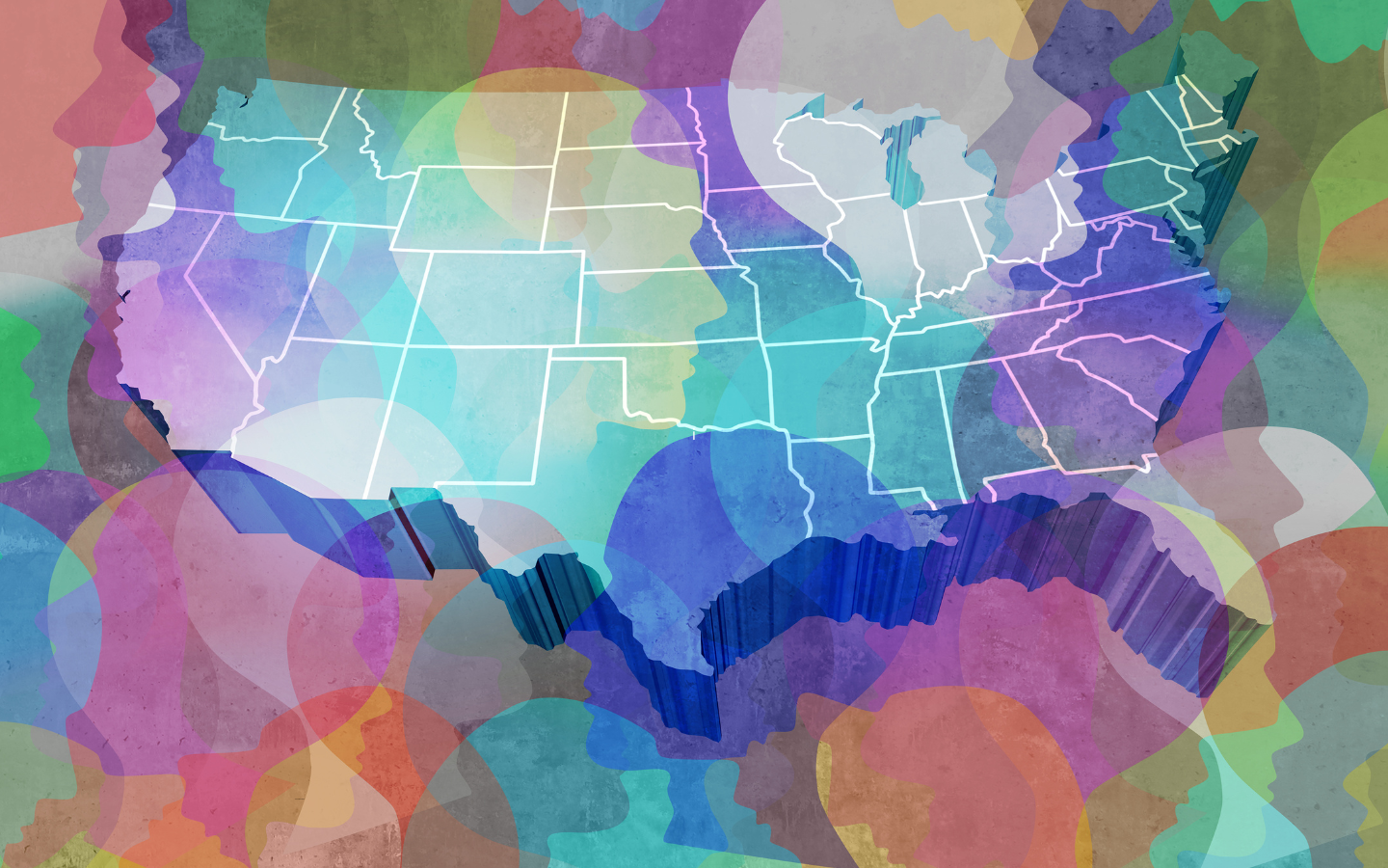 A map of the United States with colorful shadows of faces superimposed over it.