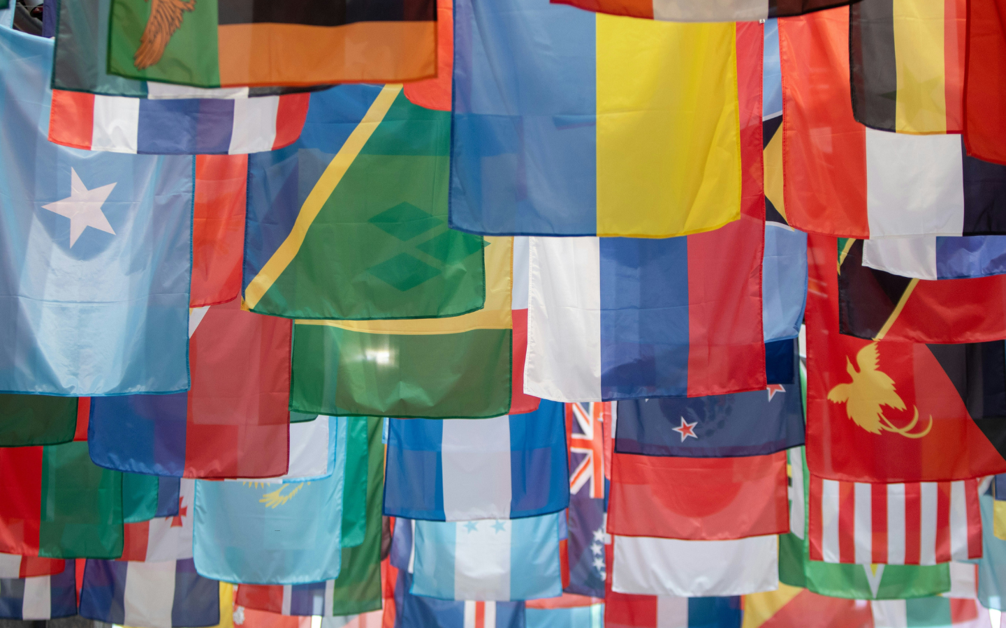 Flags of the nations of the world hanging from a ceiling.