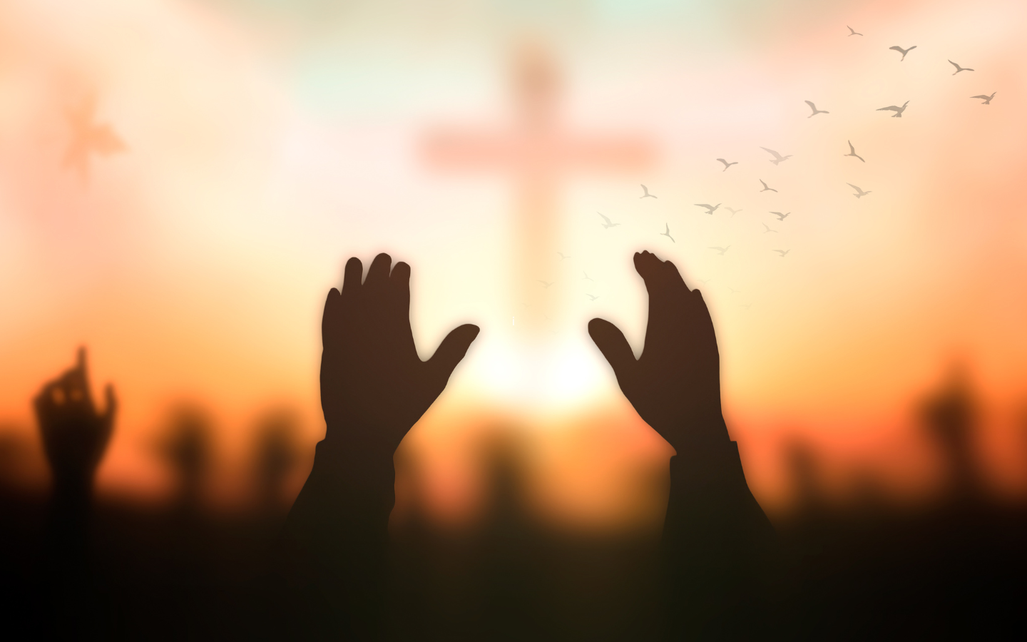 A concept with hands lifted in worship toward a cross.
