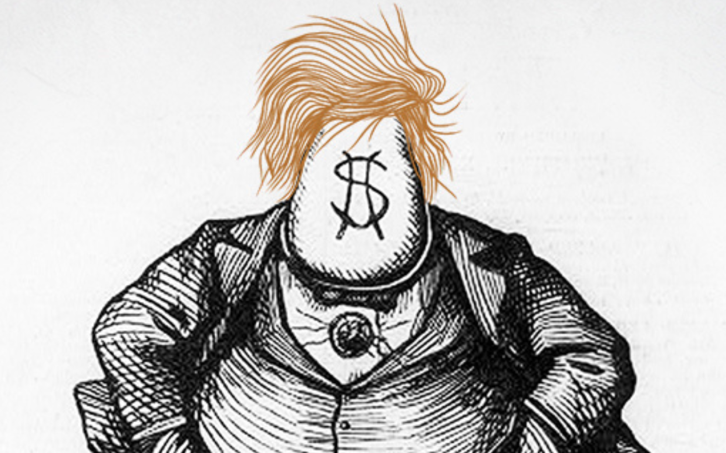 A cartoon image of Donald Trump with nothing on his face but a dollar sign.