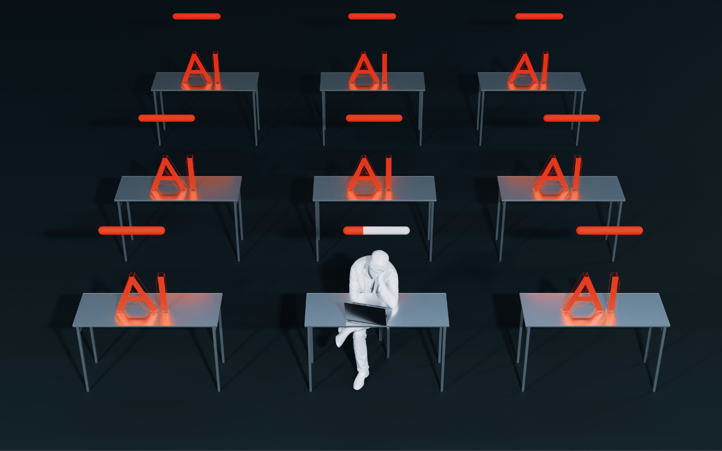 A rendering of a human student in a classroom full of AI machines.