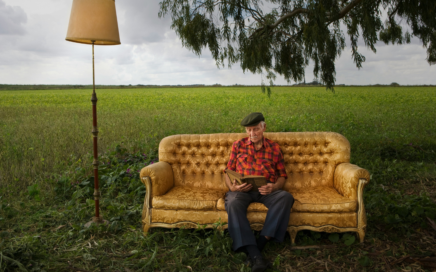 An older man reading a book on a couch in a field.
