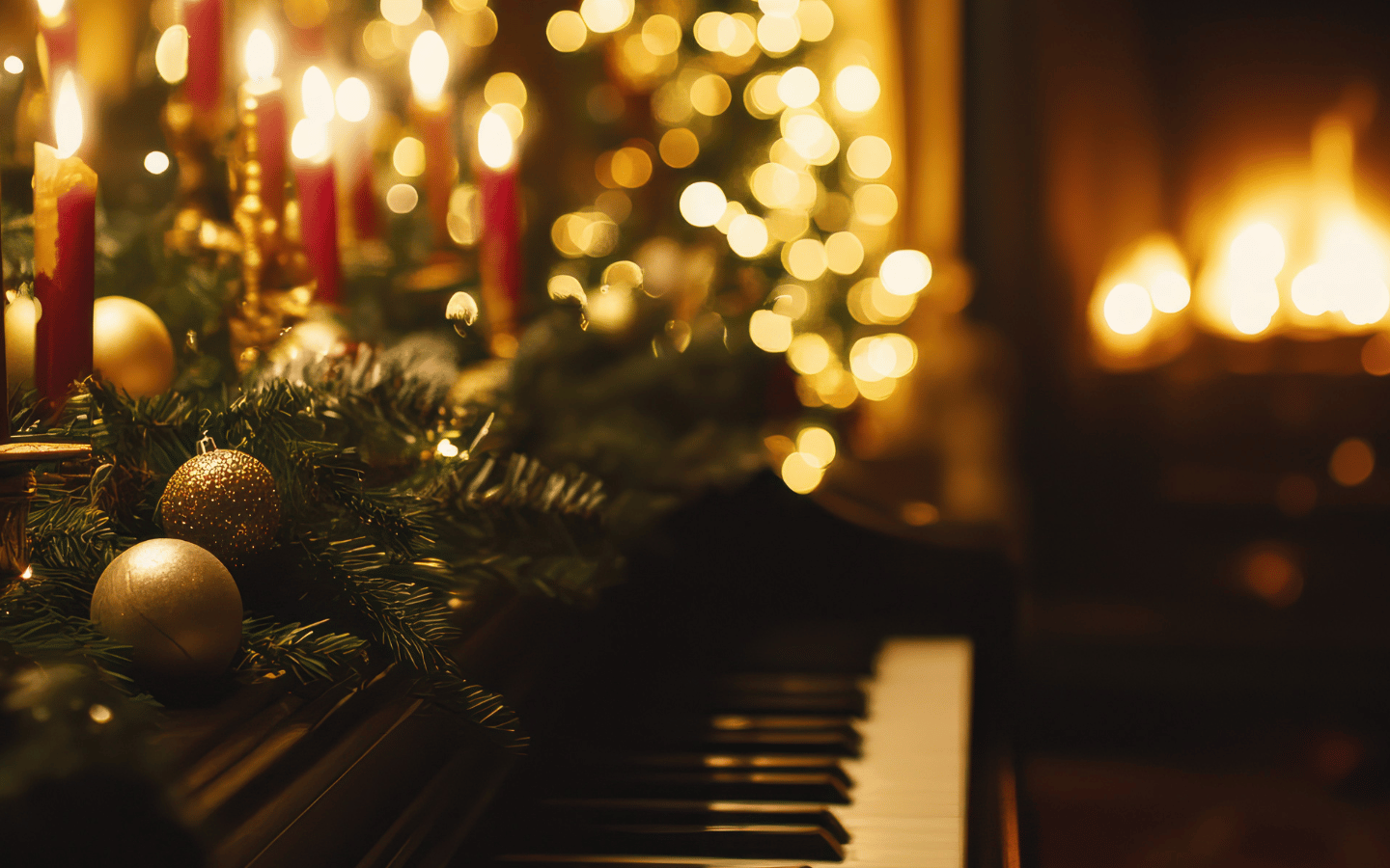 A piano in a room decorated for Christmas.