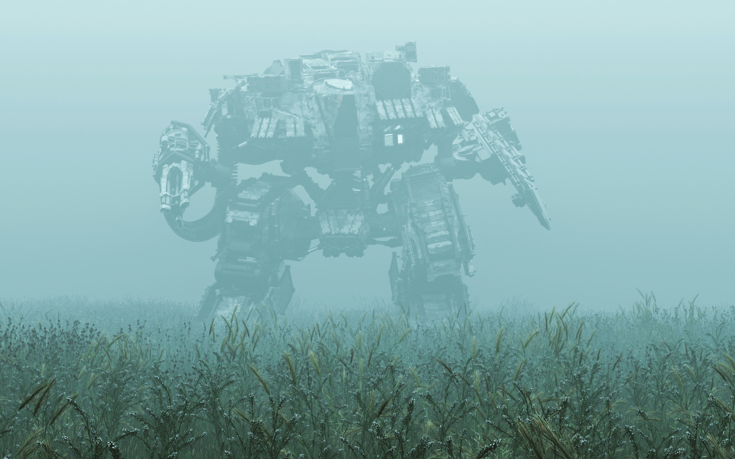 A conceptual rendering of an AI-powered robot walking through a field.