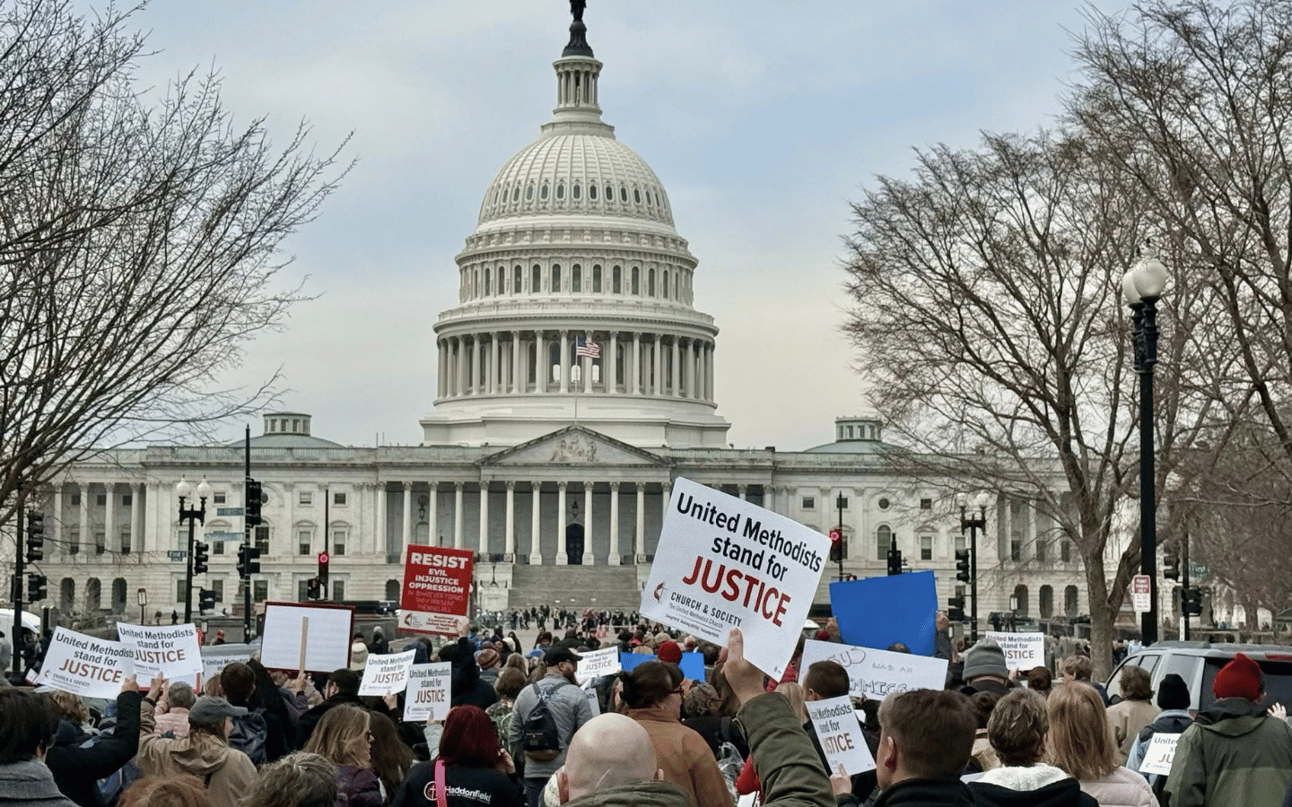 United Methodists march in front of the U.S. Capitol.