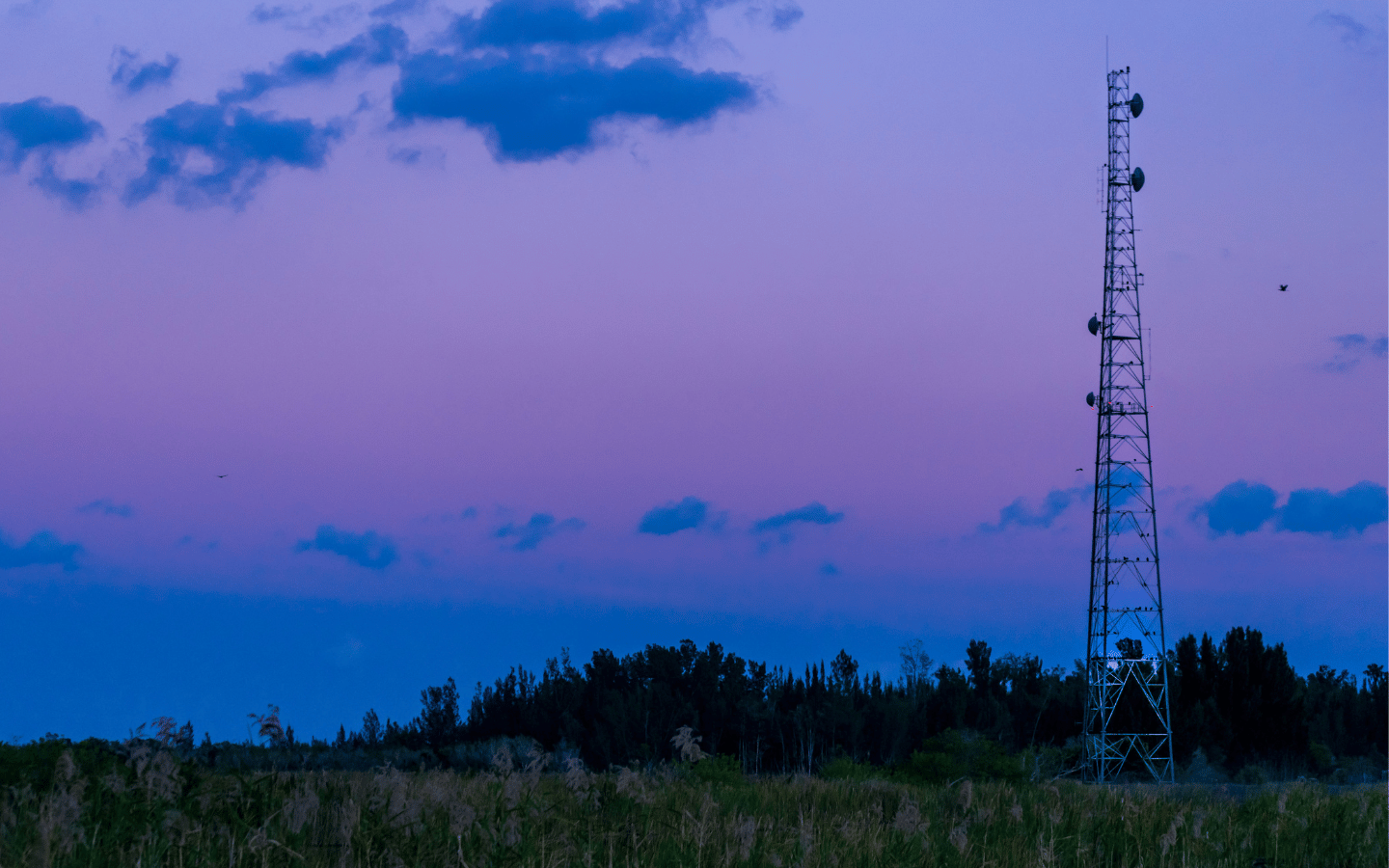 A rural radio tower at sunset.